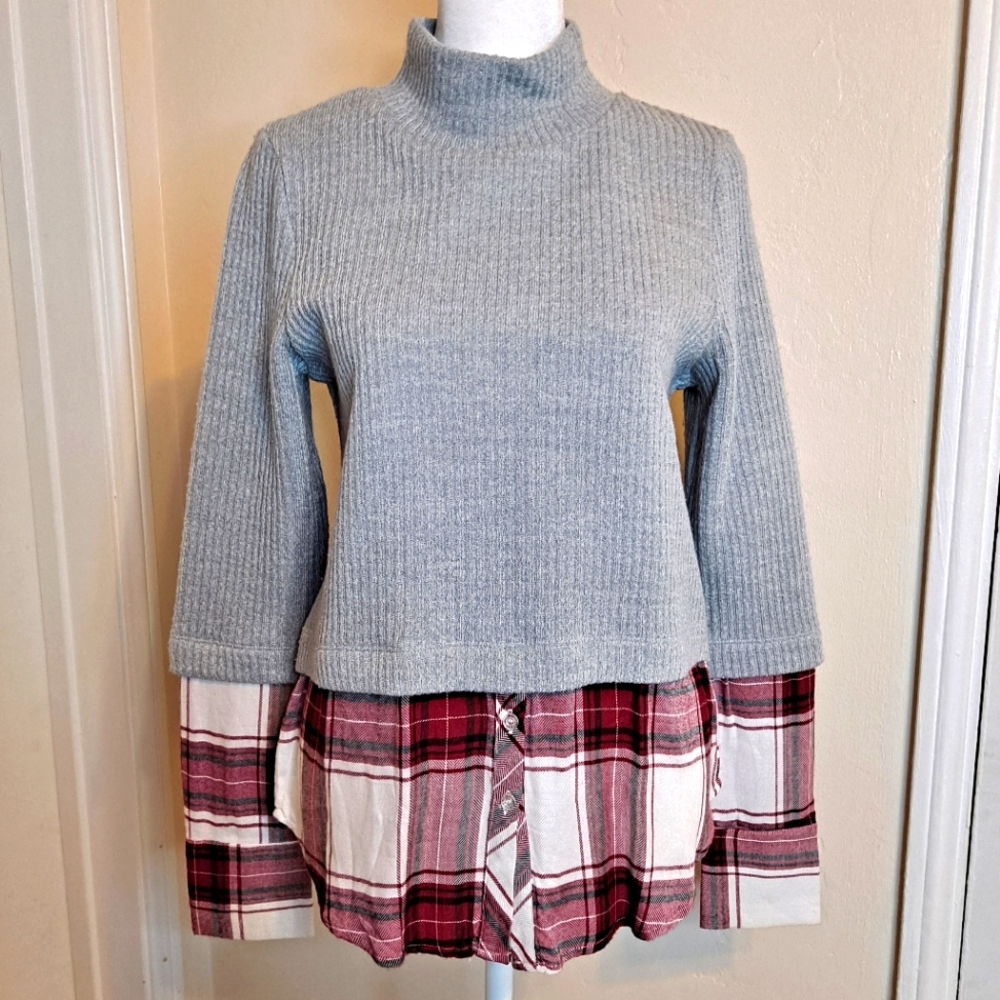 Cabincore Turtleneck Layered Gray Sweater Red Plaid Flannel Ribbed NWOT